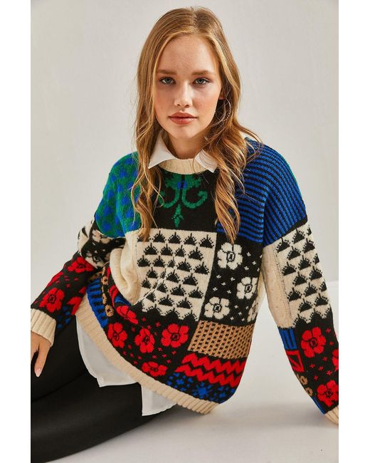 Bianco Lucci Red Thick Abstract Ribbed Knit Sweater With Crew Neck