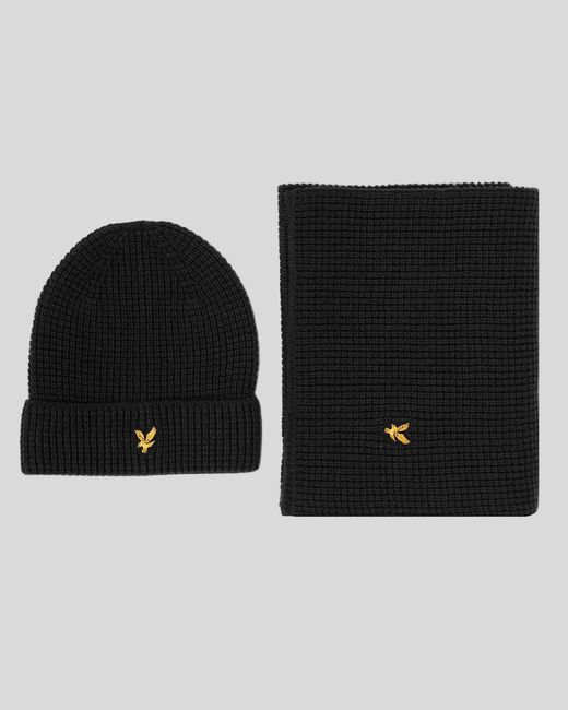 Lyle & Scott Black Brushed Scarf And Beanie Set for men