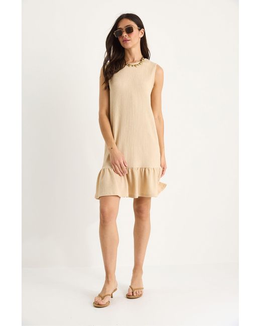 Bianco Lucci Natural Textured Crepe Midi Dress With Ruffle Detail