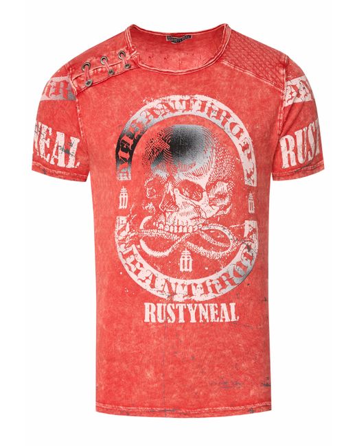 Rusty Neal Gewassen T-shirt Met Knoopsluiting Aan De Zijkant En Een Doodshoofdprint in het Red voor heren