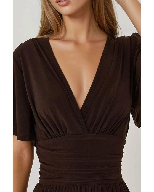 Hiccup Brown V-Neck Short Sleeve Mini Dress