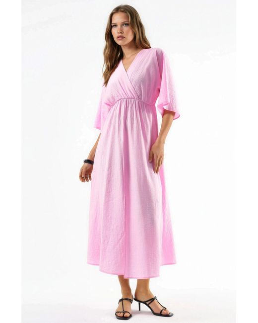 Busem Pink V-Neck Midi Wrap Dress With Three Quarter Sleeves
