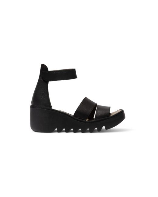 Fly London Black Bono290 Mousse Leather Sandals Espadrille Wedges