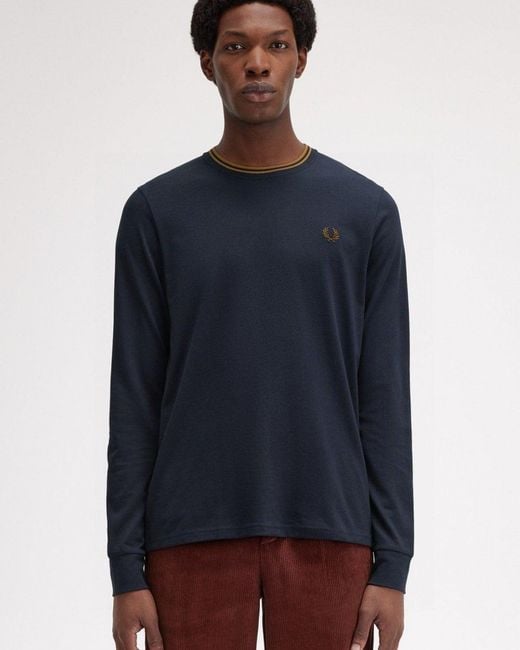 Fred Perry Blue Long Sleeve Twin Tipped T-Shirt for men
