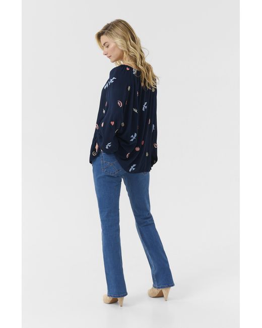 Cream Blouse Met Lange Mouwen Loose Fit Dress With Mulitcolor Emb in het Blue
