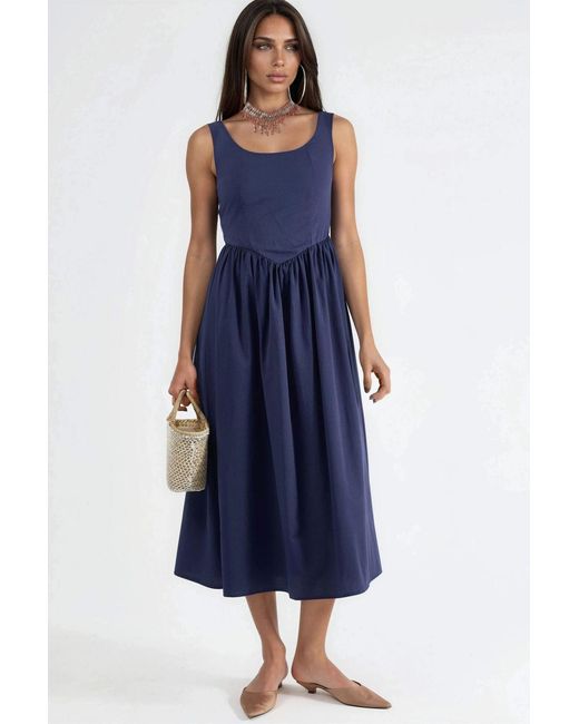 Busem Blue Square Collar Midi Dress With Bow Detail