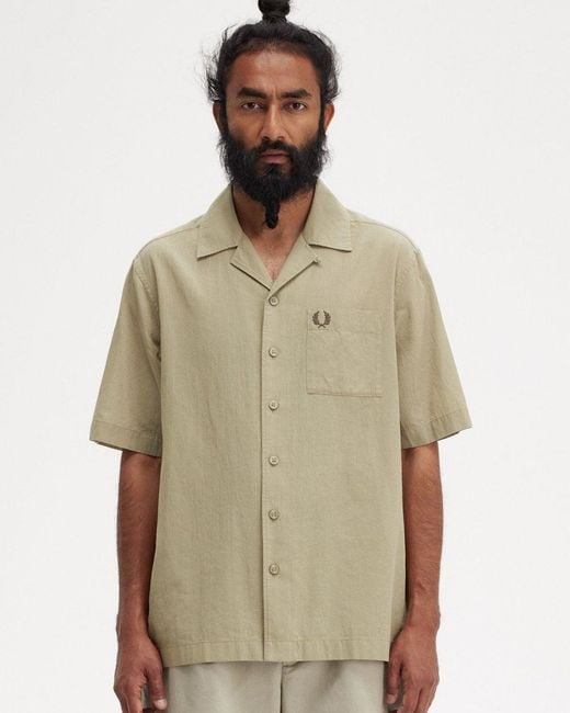 Fred Perry Natural Lightweight Texture Revere Collar Short Sleeve Shirt Size: L for men