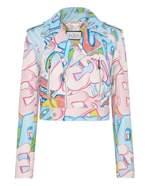 Philipp Plein Leren Jas Bombing Graffiti in het Blue