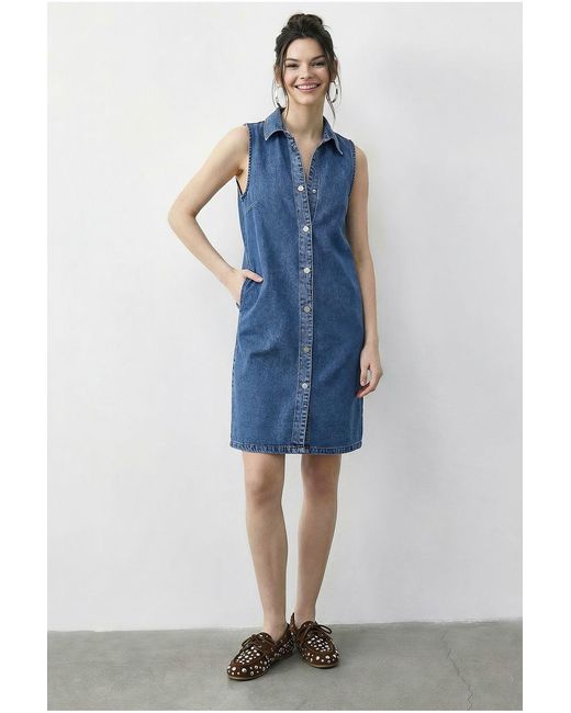Bianco Lucci Blue Mini Denim Dress With Shirt Collar And Pocket