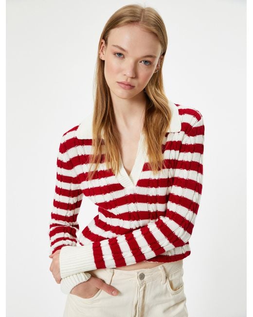 Koton Red Sweater Polokragen Gestreift Sweater