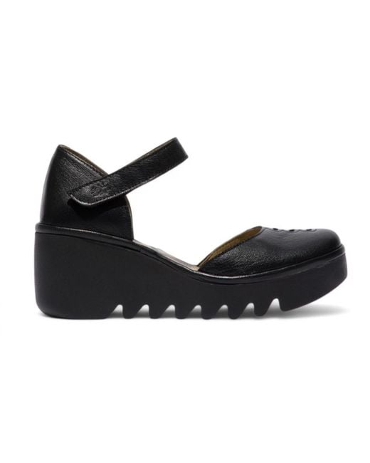 Fly London Black Biso305 Wedges Sandals Espadrille Strap Heels Leather