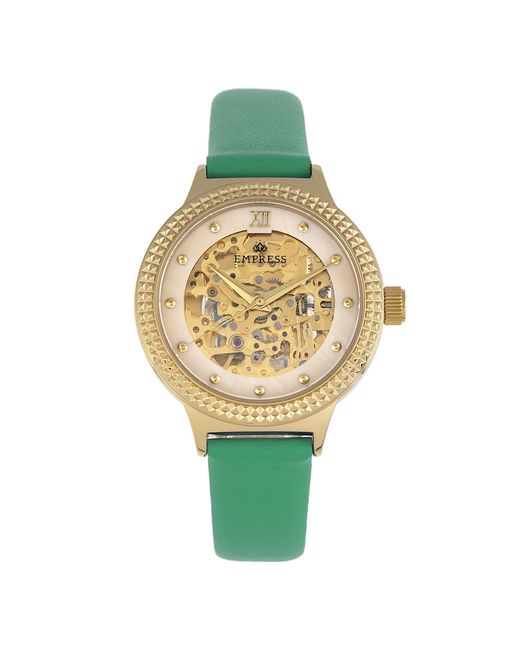 Empress Metallic Alice Automatic Mop Skeleton Dial Leather-Band Watch