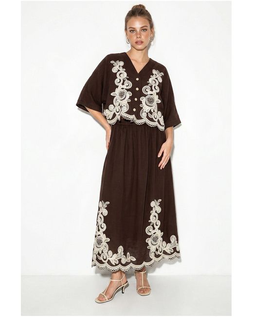 Bianco Lucci Brown Oversized V-Neck Embroidered 3/4 Sleeve Shirt And Wide Leg Pants Set