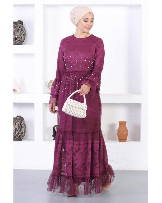 Moda Mihram Purple Perlen Spitze Rüschen Ärmel Abendkleid
