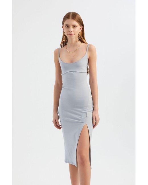 Hiccup White Scoop Neck Spaghetti Strap Midi Bodycon Dress With A Side Slit