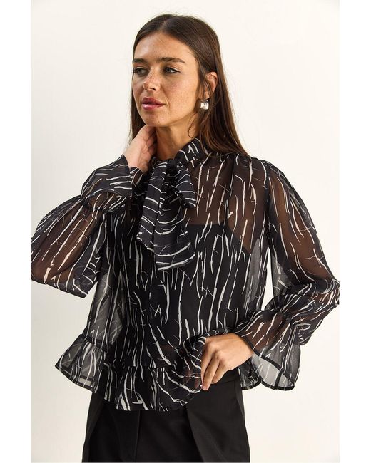 Bianco Lucci Black Abstract Print Choker Collar Chiffon Blouse With Tie Detail