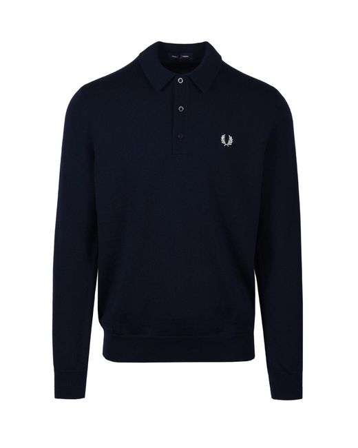 Fred Perry Blue Knitted Long Sleeve Shirt for men