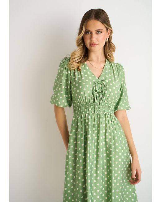 Gini London Green Sage Spot Print Shirred Waist Shift Midi Dress