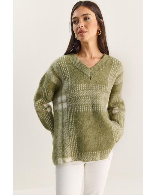 Bianco Lucci Green Plaid V-Neck Long Sleeve Knit Sweater