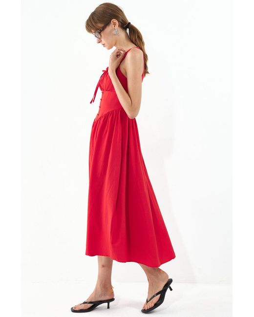 Busem Red Midi Dress With Square Collar And Button Detail