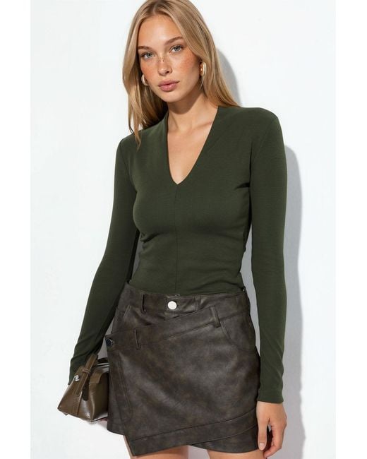 Busem Green Slim Fit V-Neck Long Sleeve Blouse