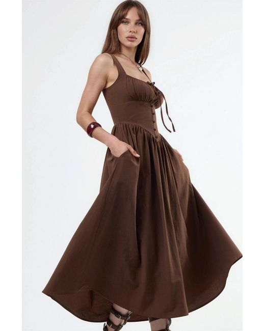 Busem Brown Midi Dress With Square Collar And Button Detail
