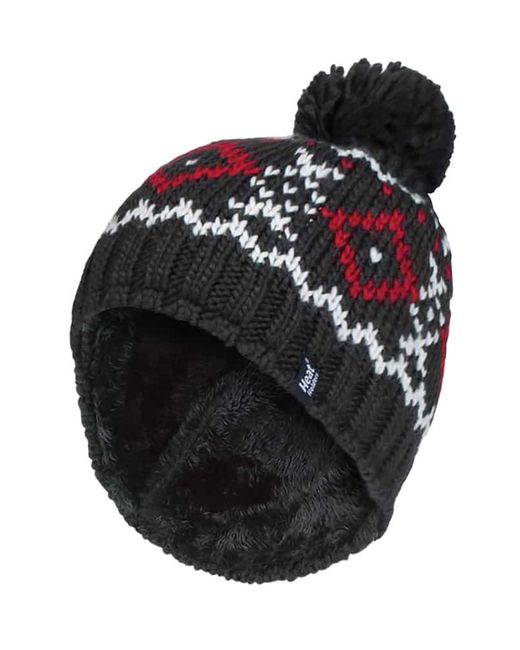 Heat Holders Black Fleece Lined Thermal Winter Warm Beanie Bobble Hat With Pom Pom for men