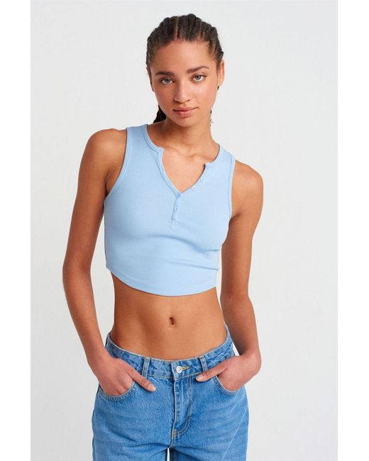 Dilvin Geribbelde Korte Blouse Met Knopen in het Blue