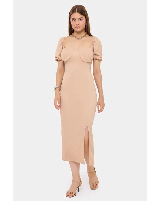 Hiccup Natural Sweetheart Neck Puff Sleeve Midi Dress With Side Slit