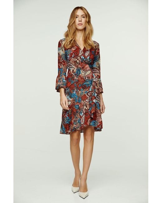 Conquista Red Paisley Print Viscose Wrap Dress With Bell Sleeves