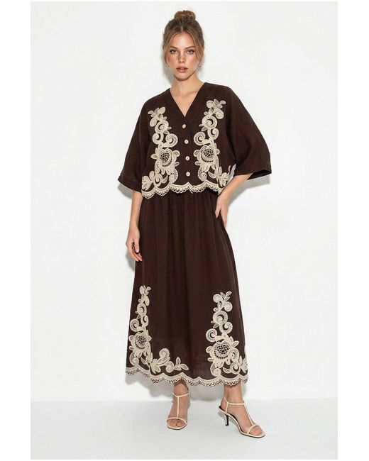Bianco Lucci Brown Oversized V-Neck Embroidered 3/4 Sleeve Shirt And Wide Leg Pants Set
