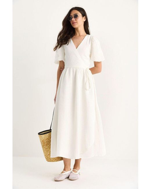 Bianco Lucci Natural Textured V-Neck Midi Dress With Wrap Closure