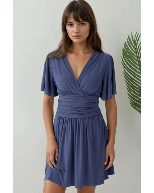 Hiccup Blue V-Neck Short Sleeve Mini Dress