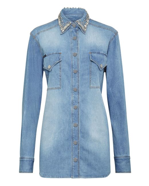 Philipp Plein Crystal Collar Denim Shirt Ls in het Blue