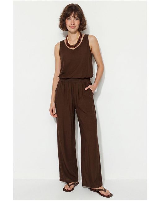 Bianco Lucci Brown V-Neck Cotton Blouse-Pants Two-Piece Set