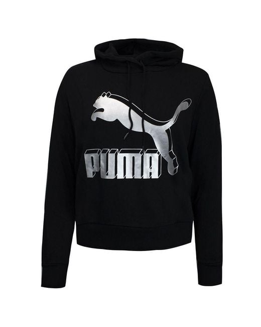 PUMA Black Graphic Logo Long Sleeve Pullover Hoodie 595915 71 Cotton