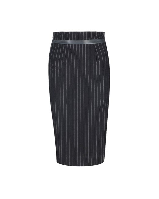 Conquista Gestreepte, Zwarte Kokerrok Met Leren Details in het Blue