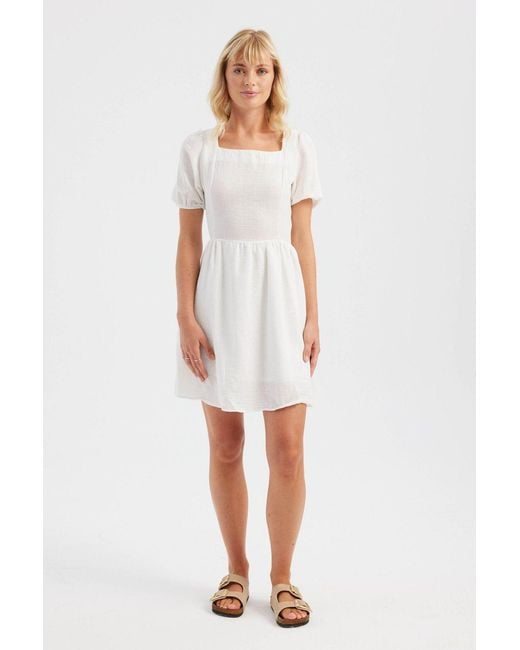 Hiccup White Square Neck Short Sleeve Mini Dress