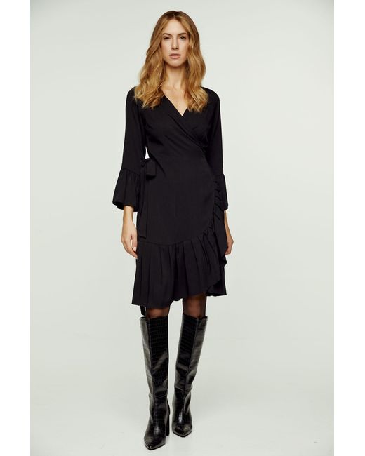 Conquista Black Wrap Dress Viscose With Bell Sleeves