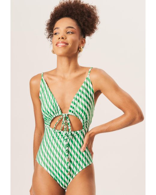Gini London Green Wave Print Tie Front Swimsuit