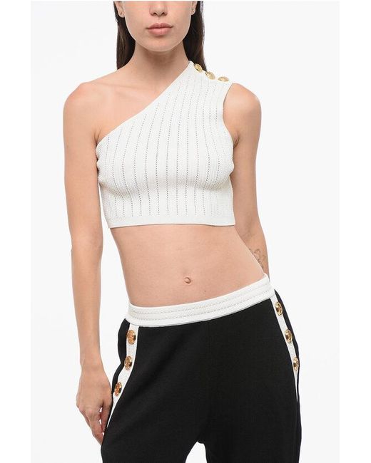Balmain White Geripptes One-Shoulder-Crop-Top