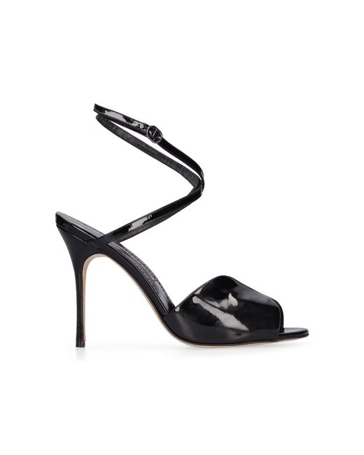 Manolo Blahnik Black Lackleder Knöchel Schnalle Sandalen
