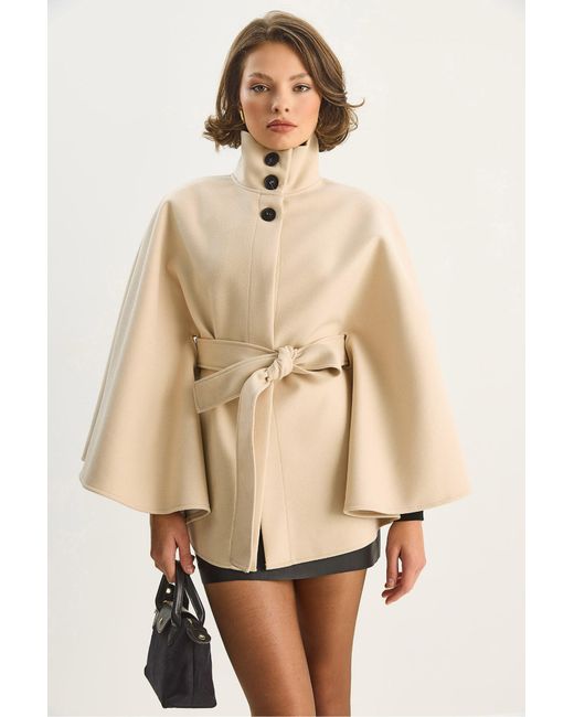 Bianco Lucci Natural Poncho Coat With Tie Closure