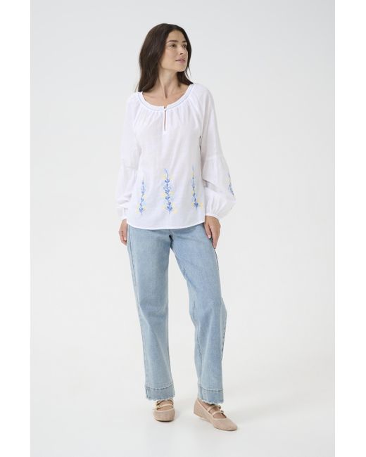 Cream Blouse Met Lange Mouwen Loose Fit Snow Emb in het Blue