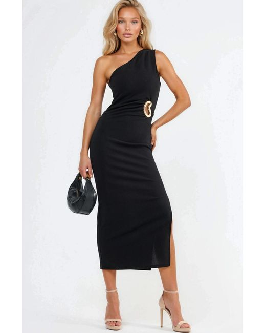 Busem Black Asymmetrical Collar Midi Dress With Accessory Details