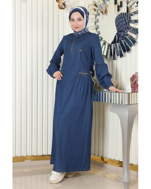 Moda Mihram Blue Reißverschluss-Detail Denim-Kleid