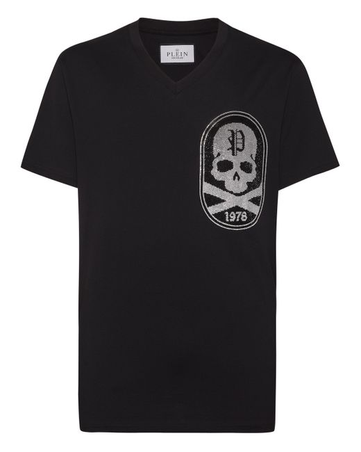 Philipp Plein T-Shirt V-Neck Ss With Patch Strass Skull&Bones in Black für Herren