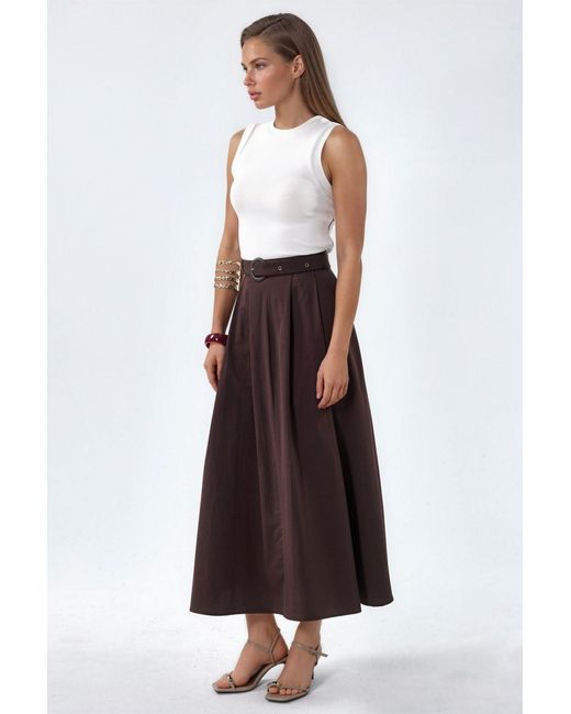 Busem White Belted A-Line Midi Dress With Crew Neck