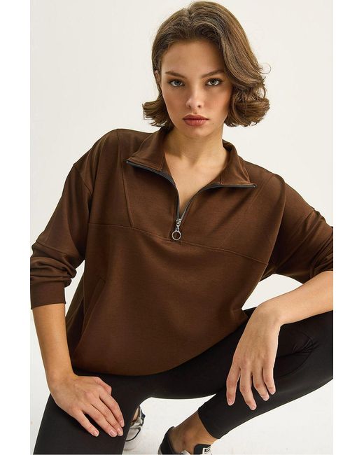 Bianco Lucci Brown Relaxed Fit Zipper Collar Knitted Sweatshirt