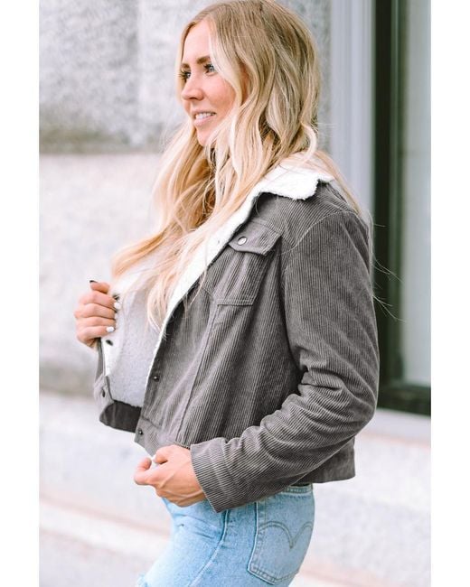 Azura Exchange Dames Corduroy Sherpa Drukknoop Flap Jack In Grijs in het Gray